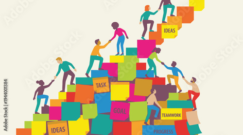 Group of Diverse People Climbing Colorful Blocks.