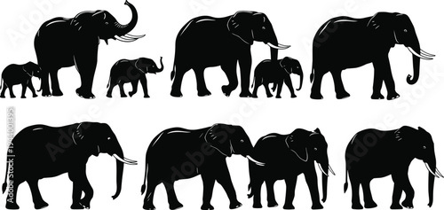 Black Elephant Silhouette Vector Set, African Wildlife Family Illustrations, Walking Large Mammal Outlines Isolated on White Background, Safari Animal Herd Graphics (21 words)
