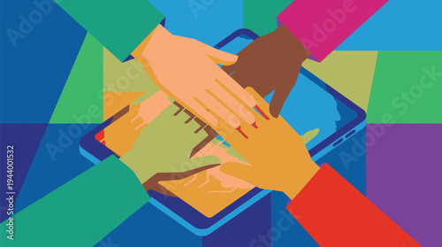 Diverse Hands Touching Digital Tablet Collaboration.