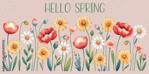 Vibrant Watercolor Painting Of Spring Flowers Including Poppies Daisies And Yellow Flowers Keywords: spring, flowers, floral