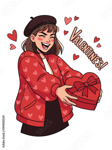 Happy Woman Giving Valentine Gift Box Celebration.