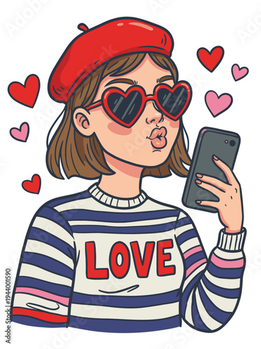 Young Woman Wearing Heart-Shaped Sunglasses Using Smartphone.