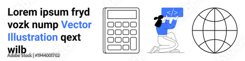 Education, technology, programming, global connectivity, business tools, mathematics. A calculator, a coding scene and a globe graphic. Education and technology concepts visually
