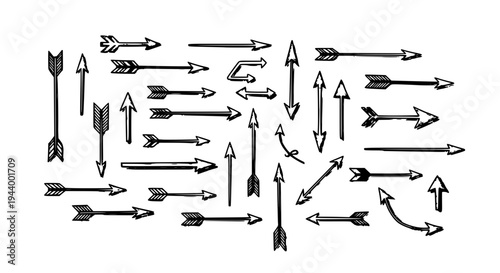 Arrows hand drawn set with black curved lines and various pointed tips. featuring vector, illustration, graphic with