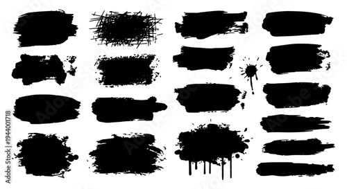 Brushstrokes set with black grunge textures and paint smears on white background featuring artistic, abstract, design