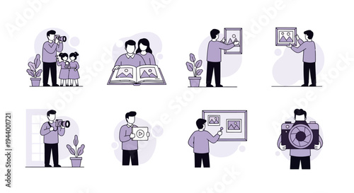 Eight purple and black line art illustrations related to photography and images