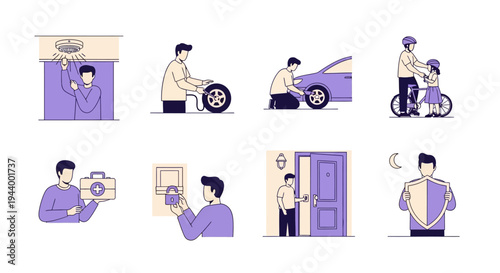 Eight icons depicting safety maintenance and protection scenarios
