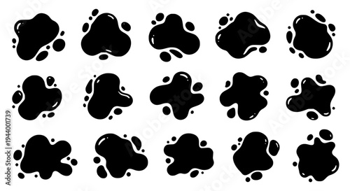 Blobs black ink set with irregular shapes and shiny effects on white background featuring graphic resources, vector