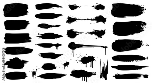 Brush strokes set with black grunge textures and ink effects for design featuring artistic brushstrokes, graphic