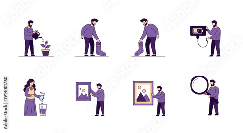 Eight simplified stylized illustrations of people performing daily activities