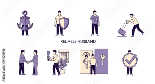 Eight purple and cream icons illustrating traits of a reliable husband