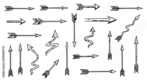 Arrows hand drawn set with black curved lines and pointed tips on white background featuring illustration, vector,