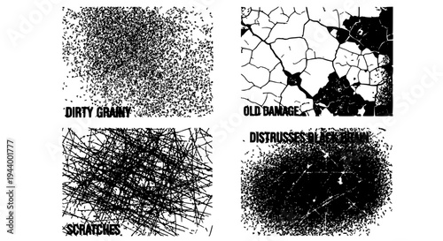 Textures grunge distressed effects set with dirty grain, old damage, scratches, and distressed overlay