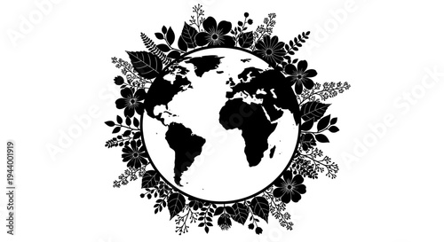 Black and white earth globe illustration.