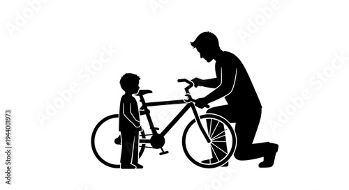 Man helping child on bicycle.