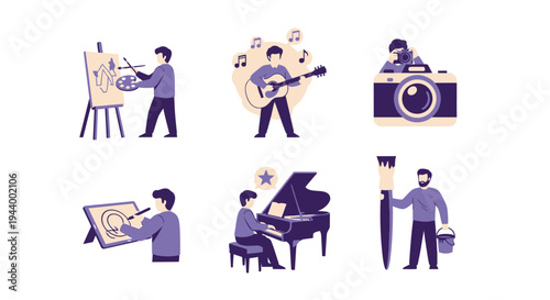 Six illustrations depicting creative pursuits painting playing guitar photography digital drawing piano and holding a large brush
