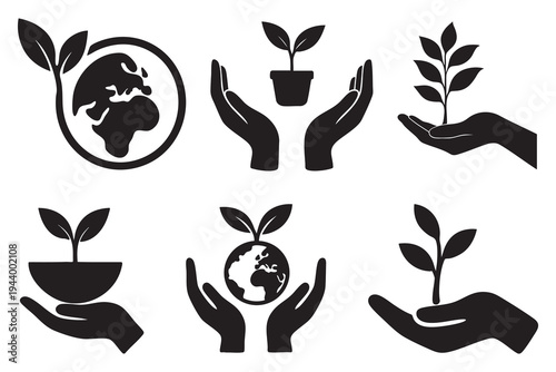 Ecology and sustainability icons with hands and plants