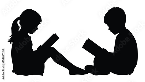 Silhouette of two children reading books together in a peaceful and cozy atmosphere