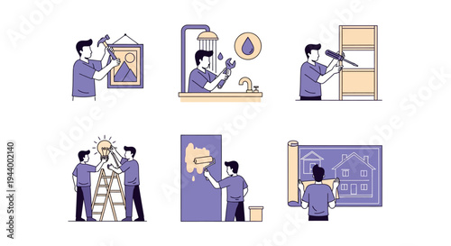 Six illustrations depicting home improvement and DIY tasks in a line art style