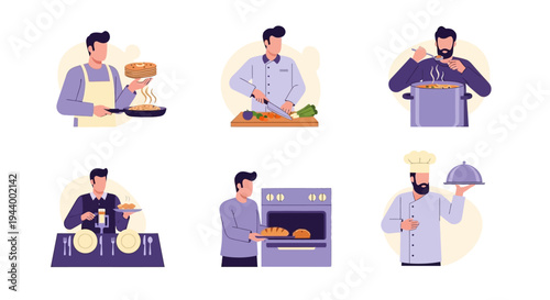 Six illustrations depicting men engaged in various cooking and dining activities