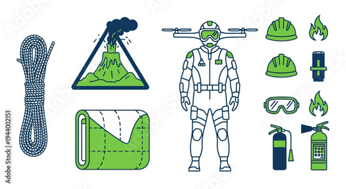 Emergency preparedness kit essentials: drone, sleeping bag, rope, volcano, fire extinguisher