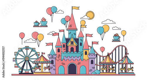 Fantasy Amusement Park Castle with Ferris Wheel and Carousel