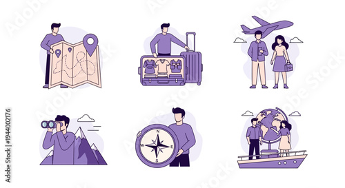 Six illustrations depicting various aspects of travel preparation and exploration