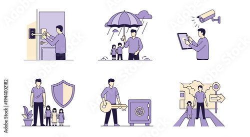 Six illustrations depicting security protection and family guardianship