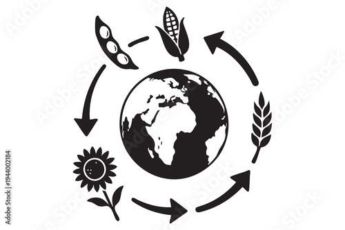 Sustainable agriculture and global food cycle silhouette icon