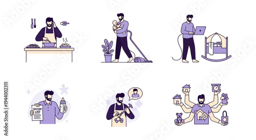Six illustrations showing a bearded man performing various domestic and work tasks