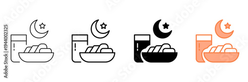 Set of minimalist Ramadan meal icons with transparent background, depicting Iftar or Suhoor, Islamic fasting, religious traditions, and cultural celebration, vector illustration