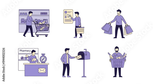 Six purple and beige illustrations depict various shopping and mailing activities