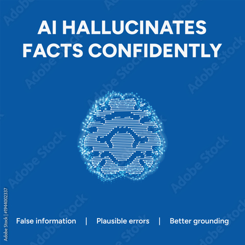 Digital illustration conceptualizing the complex phenomenon of artificial intelligence hallucinating factual information with convincing yet incorrect outputs in technology discourse