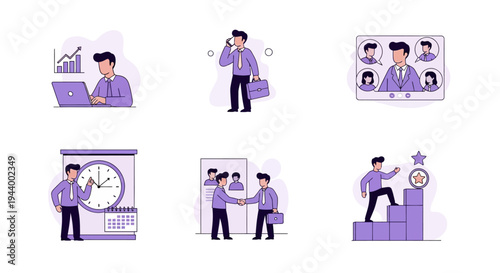 Six purple and white vector illustrations depict business activities work calls meetings time agreements and promotion