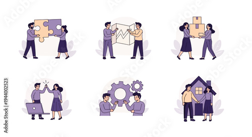 Six vignettes showing collaboration partnership and achievement with illustrated people