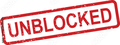A distressed red rectangular rubber stamp prominently features the word UNBLOCKED on a clean white surface