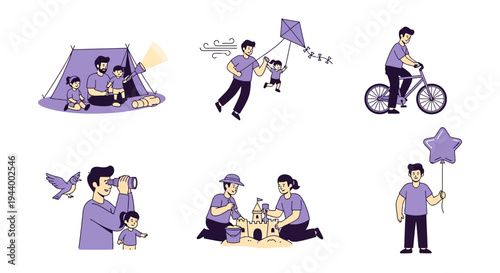 Six vignettes showing fathers engaging in outdoor and family leisure activities with hildren