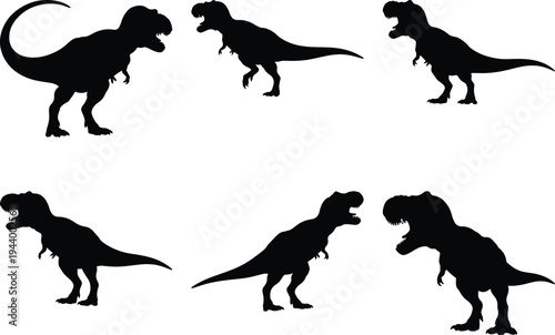 Dynamic collection of six powerful Tyrannosaurus Rex (T-Rex) dinosaur silhouettes, showcasing various menacing prehistoric poses for educational content and bold graphic design projects.