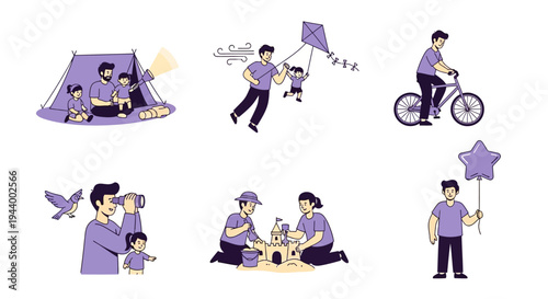 Six vignettes showing fathers engaging in outdoor and family leisure activities with children