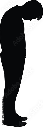 Sad lonely man silhouette standing alone with head bowed in grief depression sorrow and disappointment on isolated white background SEO.