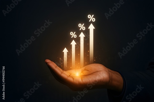 Financial growth investment success concept glowing upward arrow and percentage symbols rising from businessman hand representing profit increase economic development and wealth management