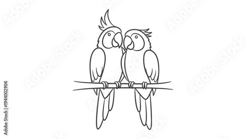 Avian Affection: A line drawing portrays two charming parrots perched intimately on a branch, their beaks gently touching in a moment of tender affection.