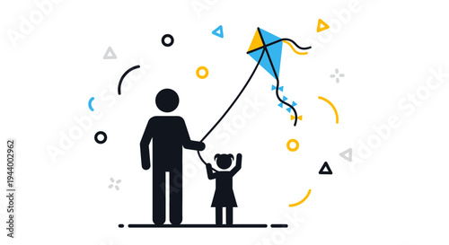 Father and child flying colorful kite.