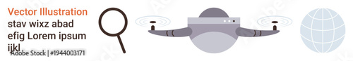 quadcopter surveillance, global connectivity, search operations, mapping, technology, innovation. Graphic showing a Quadcopter, magnifying glass and globe. Drone surveillance and global connectivity