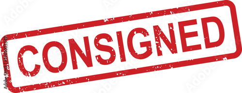 A distressed red rubber stamp featuring the important word CONSIGNED on a bright white surface