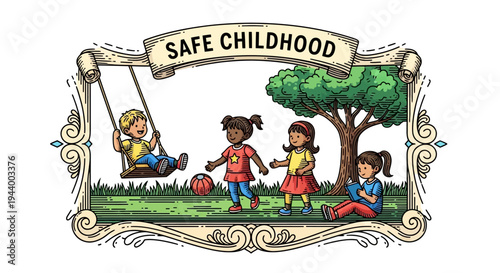 Children Playing on a Swing Set.