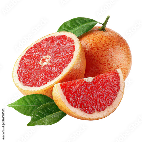 Fresh grapefruits with green leaves on a white background isolated on transparent background