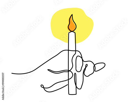 Hand holding burning candle one line art line, hand drawn human palms with flame memorial memory continuous contour, blackout time candlelight for power outage romantic dinner. Editable stroke.