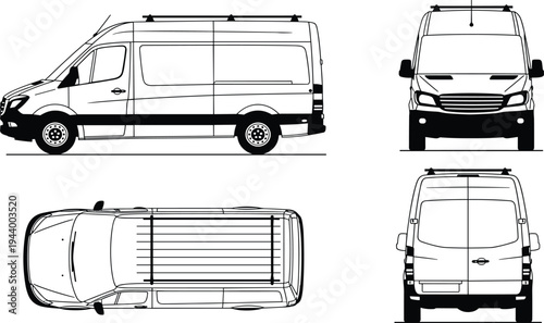 Detailed Technical Line Art Illustration of Cargo Truck Design Showing Side, Front, Top and Back Views for Engineering Projects