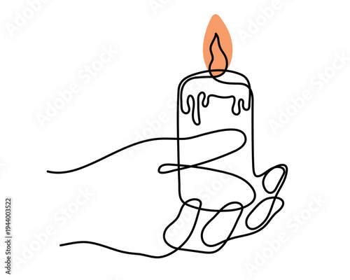 Hand holding burning candle one line art line, hand drawn human palms with flame memorial memory continuous contour, blackout time candlelight for power outage romantic dinner. Editable stroke.